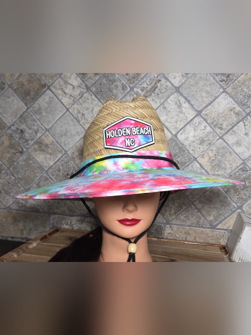 Holden Beach N. C. Lucky 7 Wide Brim Straw Sun Hat - Tie-Dye Brim One Size Adult